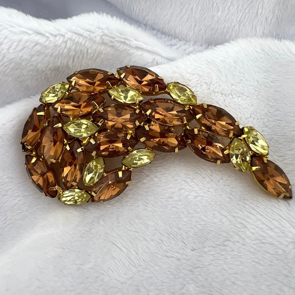 Vintage Amber & Citrrine Navette Rhinestone Brooch Gold Tone Leaf‎ Design